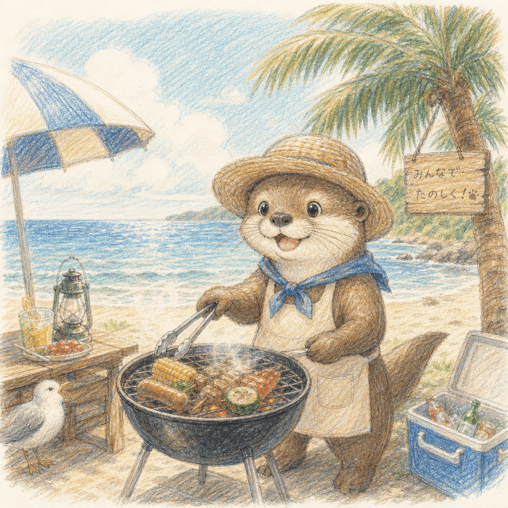 夏の海でバーベキューの色鉛筆イラスト