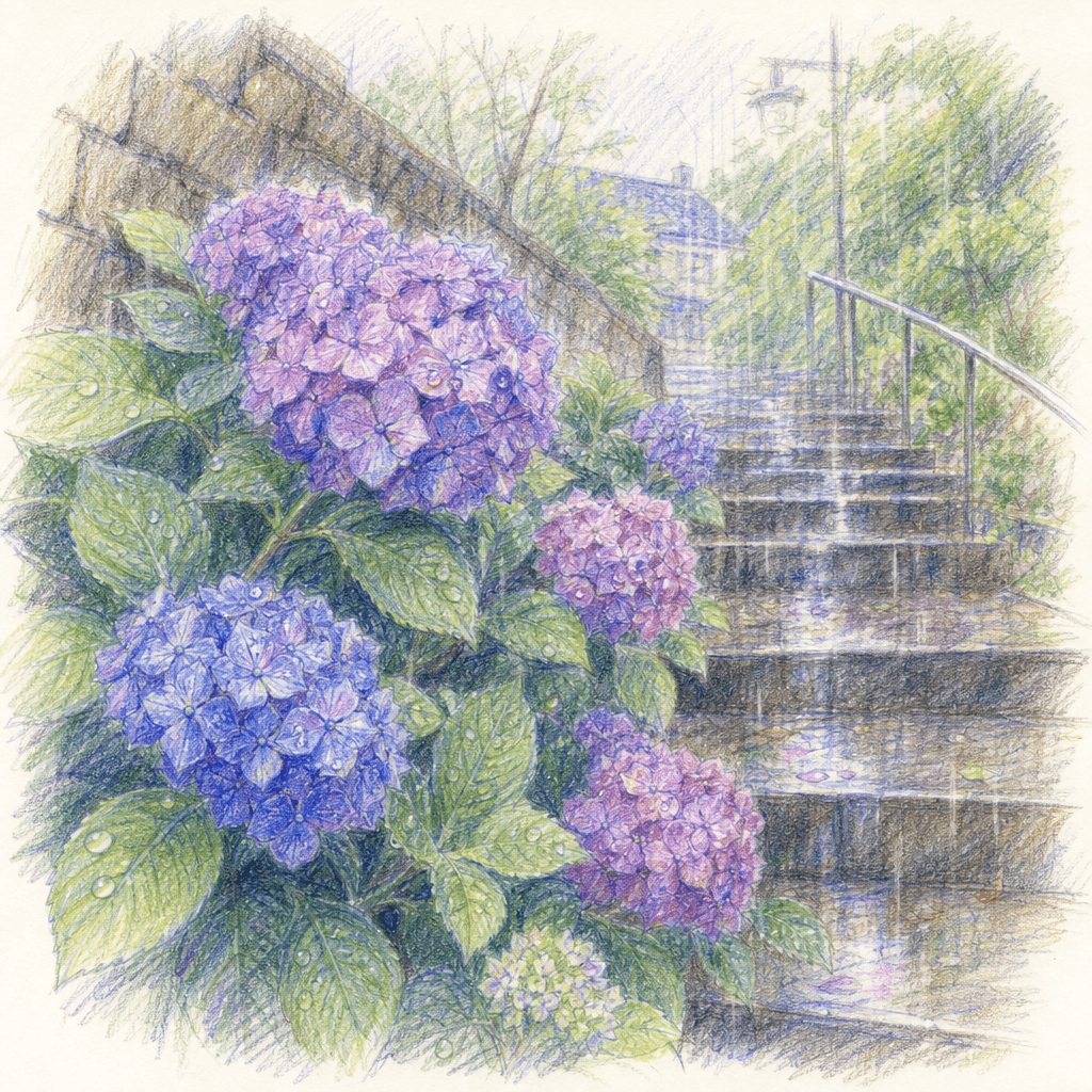 雨の紫陽花の色鉛筆イラスト