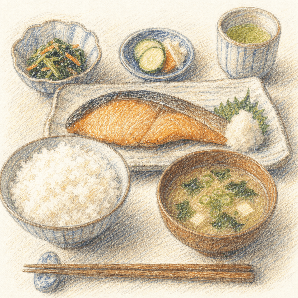 朝定食の色鉛筆イラスト