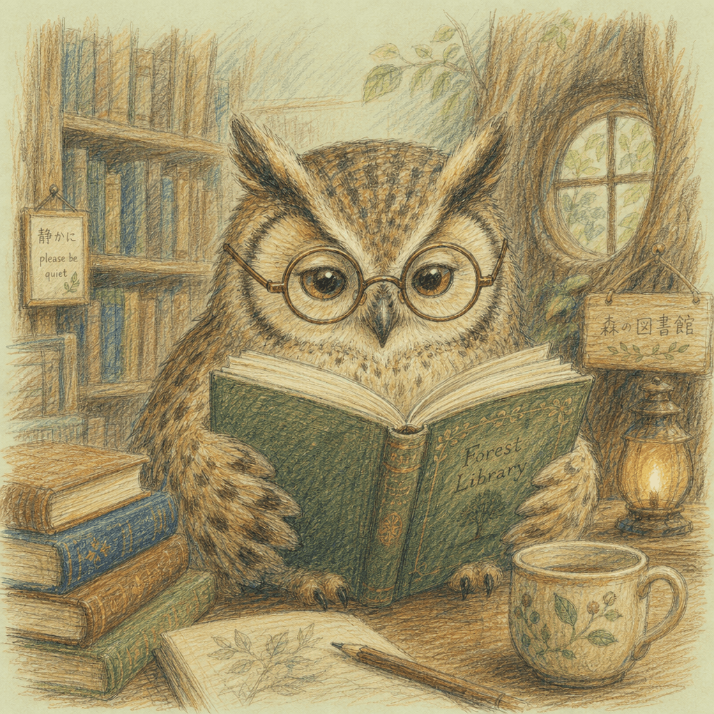 読書中のふくろうの色鉛筆イラスト